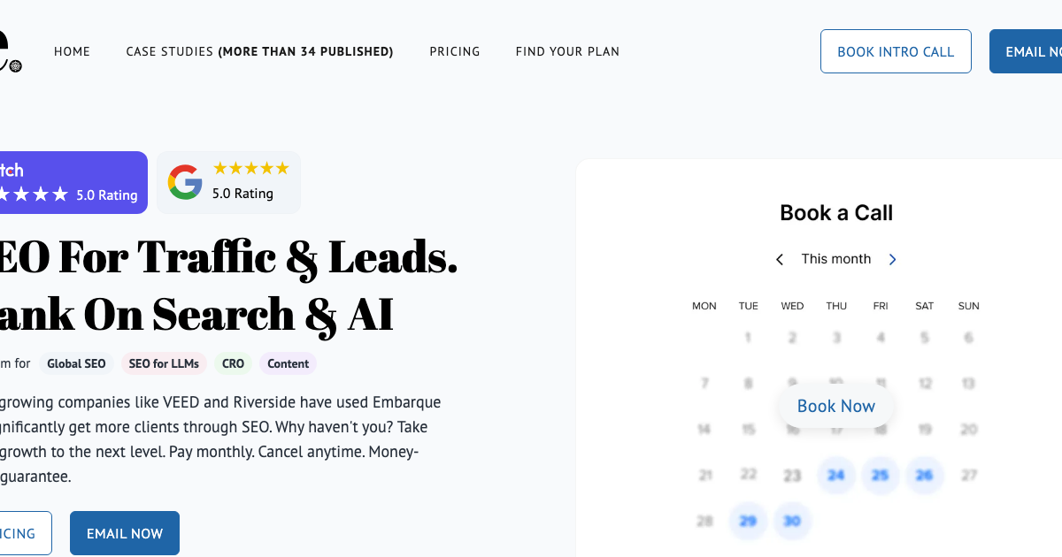 Homepage of Embarque, an SEO agency based in London