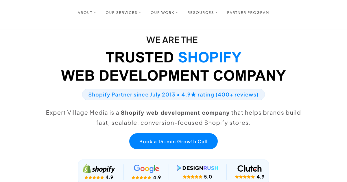 Homepage of Expert Village Media, a Shopify Select Partner