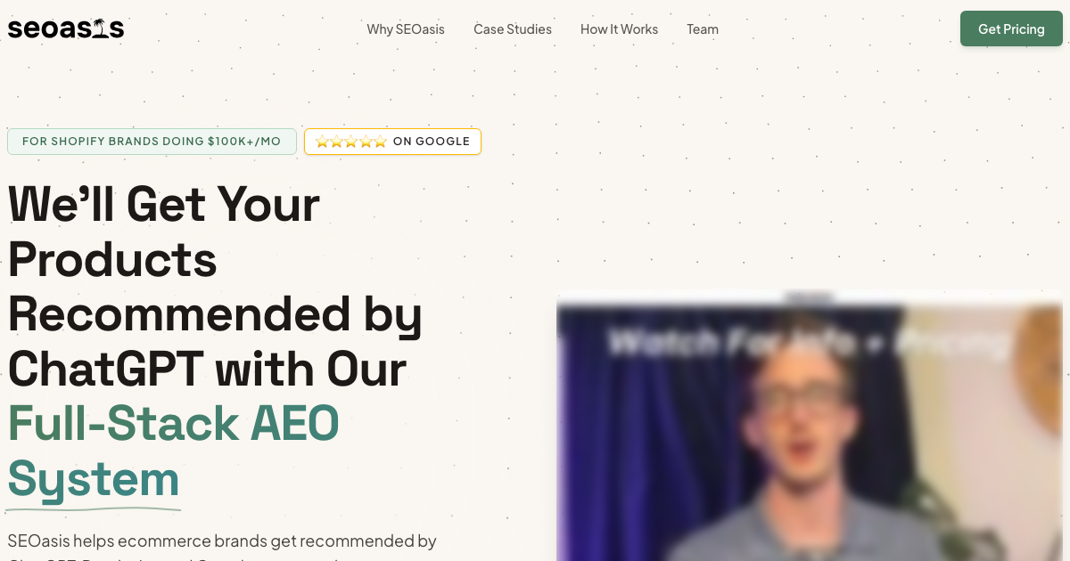 Homepage of SEOasis, an ecommerce AI visibility agency